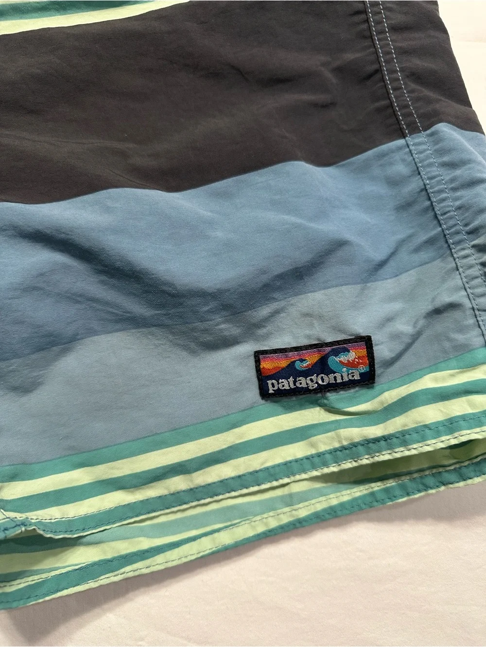 Patagonia Men’s Striped Board Shorts in Teal, Mint & Black